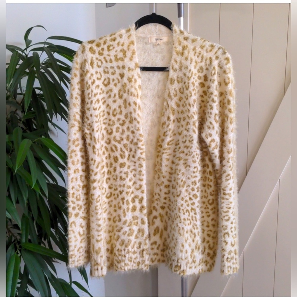Anthropology Peyton Primrose Eyelash Cardigan Size Medium Beige Leopard Print